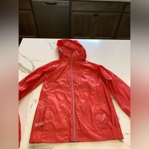 Women Columbia pink coral hood zip packable travel rain jacket coat Omni shield